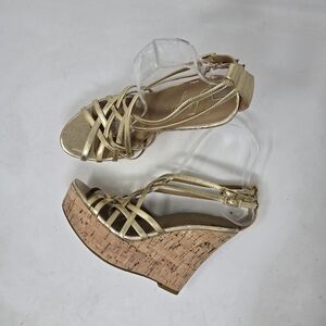 Fergie Gold Colored Wedge Strappy Cork Sandals Women's Size 5.5M